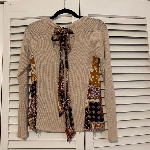 Blue Rain XS Thermal Mixed Material Boho Patchwork Tie Back Long Sleeve Top - Picture 4 of 8